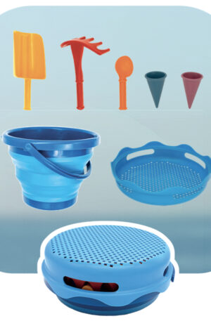 Set de jouets de plage et sceau pliant (7pcs) bleu-1