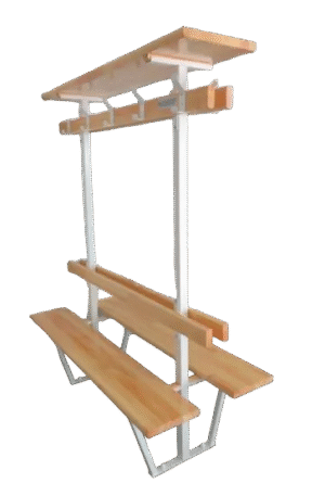 BANC VESTIAIRE DOUBLE MONOBLOC - DOSSIER, PORTE PATÈRES ET PAQUETS - SAPIN LAMELLÉ COLLÉ - FIXATION SOL-1