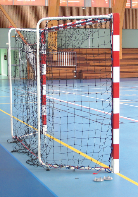 BUTS HANDBALL COMPÉTITION ARCEAUX Ø 32 mm REPLIABLES - ALU PLASTIFIÉ - BICOULEUR - À SCELLER-1